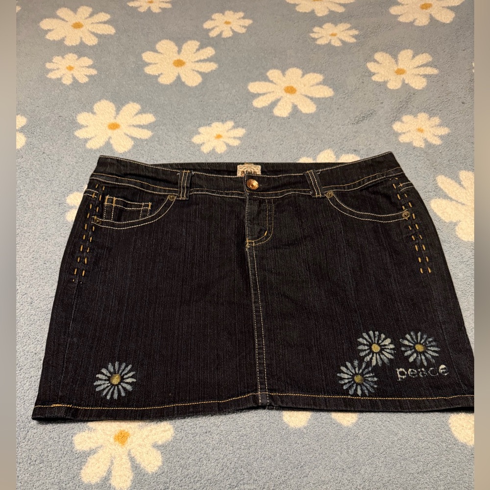 Freestyle Revolution Black Denim Skirt with Daisy Embroidery